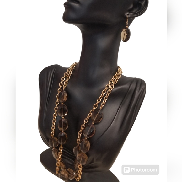 TALBOTS RETIRED LONG GOLDTONED & SMOKY GLASS CHAIN NECKLACE & DROP EARRINGS SET - Picture 2 of 5